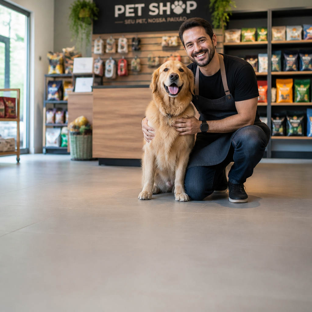 Empresário de pet shop ao lado de um cão dentro de uma loja